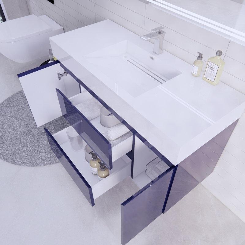 Akrilik Tezgahlı Endüstriyel Ahşap Yavaş Kapanır Çekmeceli Duvara Monte Banyo Lavabo Dolabı - 122 cm - 199972