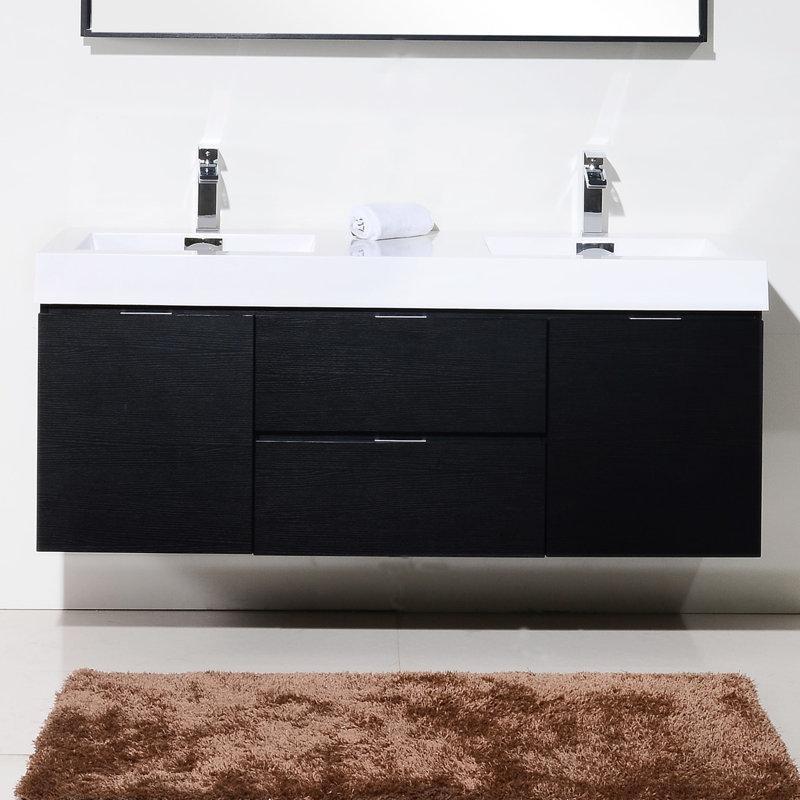 Akrilik Tezgahlı Meşe Kaplama Duvara Monte Çift Lavabolu Banyo Dolabı - 150 cm - 201359