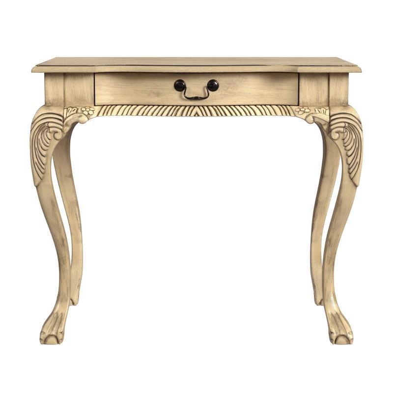 Antik Bej Masif Ahşap Tek Çekmeceli Oymalı Lükens Ayaklı Vintage Çalışma Masası - 89 cm - 234257