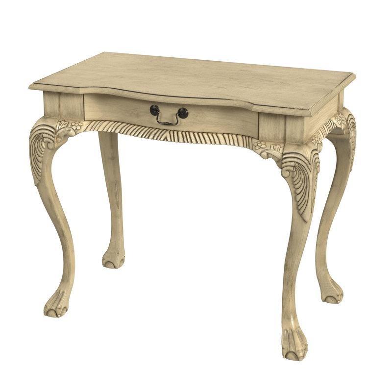 Antik Bej Masif Ahşap Tek Çekmeceli Oymalı Lükens Ayaklı Vintage Çalışma Masası - 89 cm - 234257