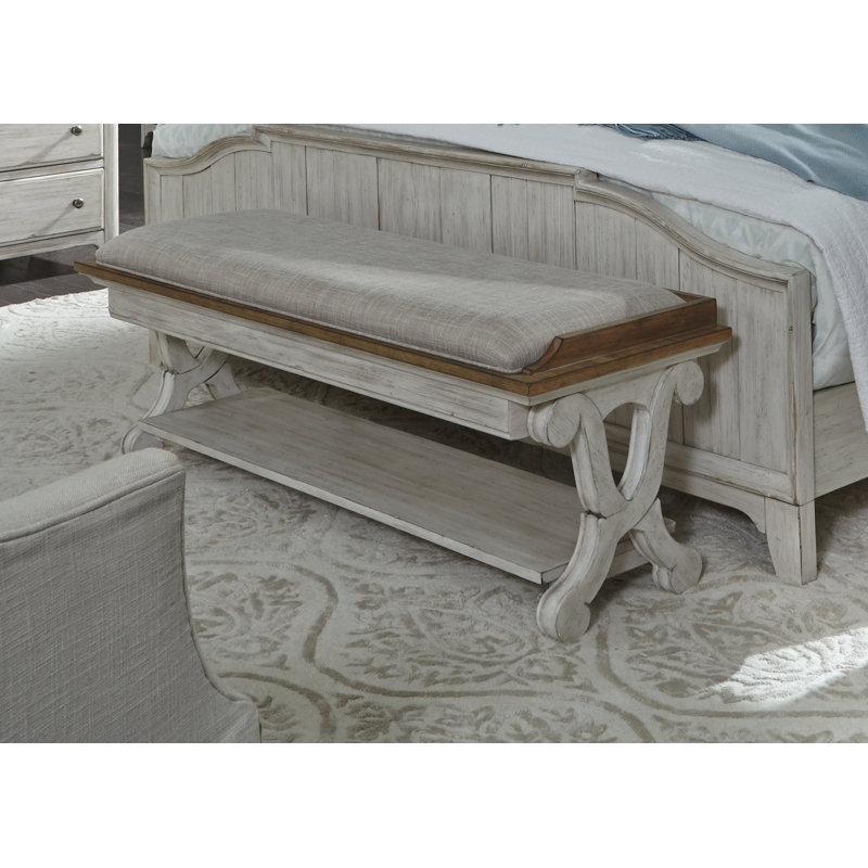 Antik Beyaz Keten Döşemeli Raflı X Ayaklı Masif Ahşap Bench - 133 cm - 164473
