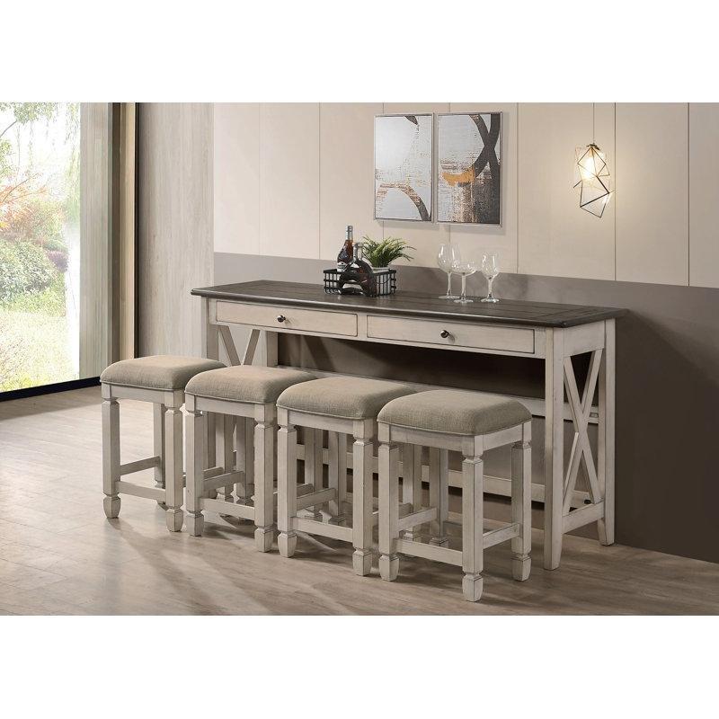 Antik Beyaz Masif Ahşap 4 Tabureli ve 2 Çekmeceli Koltuk Arkası Dresuar - 184 cm - 217488