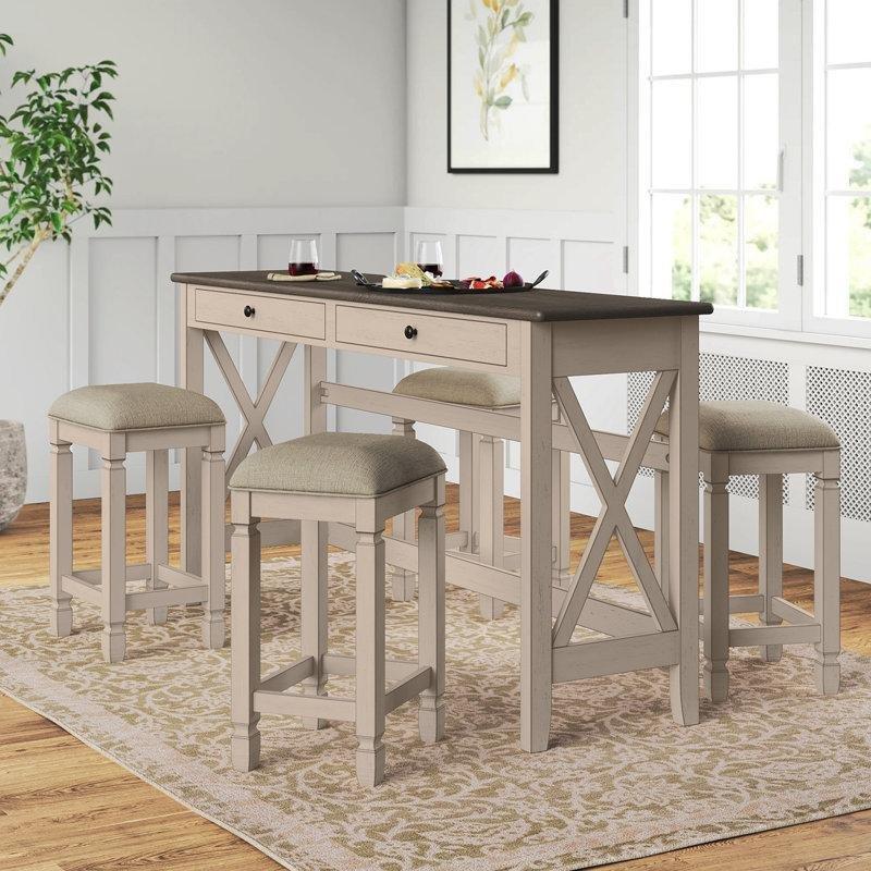 Antik Beyaz Masif Ahşap 4 Tabureli ve 2 Çekmeceli Koltuk Arkası Dresuar - 184 cm - 217488