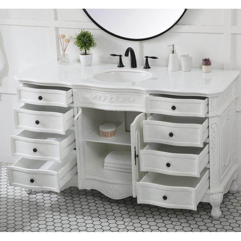 Antik Beyaz Masif Ahşap Ayaklı Oymalı Endüstriyel Mermer Tezgahlı Banyo Lavabo Dolabı - 153 cm - 200344