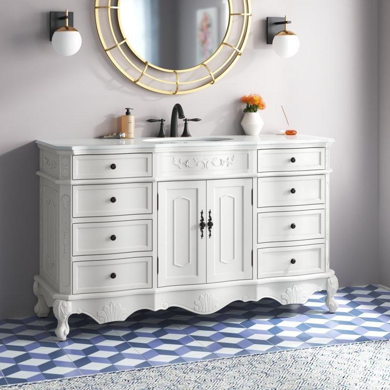 Antik Beyaz Masif Ahşap Ayaklı Oymalı Endüstriyel Mermer Tezgahlı Banyo Lavabo Dolabı - 153 cm - 200344