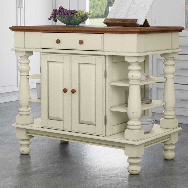 Antik Beyaz Masif Ahşap Çekmeceli ve Dolaplı Mutfak Adası - 107x61 cm - 176361