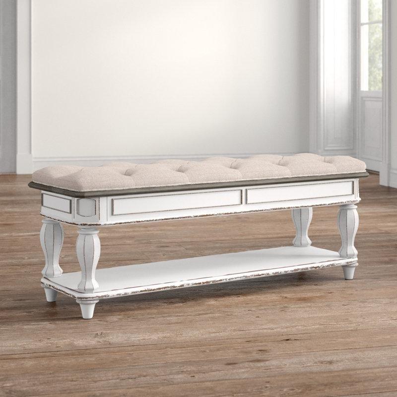 Antik Beyaz Masif Ahşap Fildişi Şönil Döşemeli Raflı Kapitoneli Bench - 138 cm - 164212