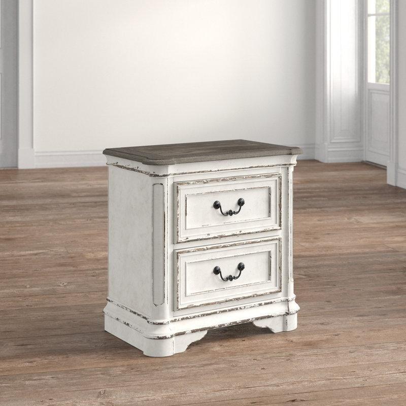 Antik Beyaz Masif Ahşap İki Çekmeceli Eskitme Tasarım Komodin - 71x43 cm - 222916
