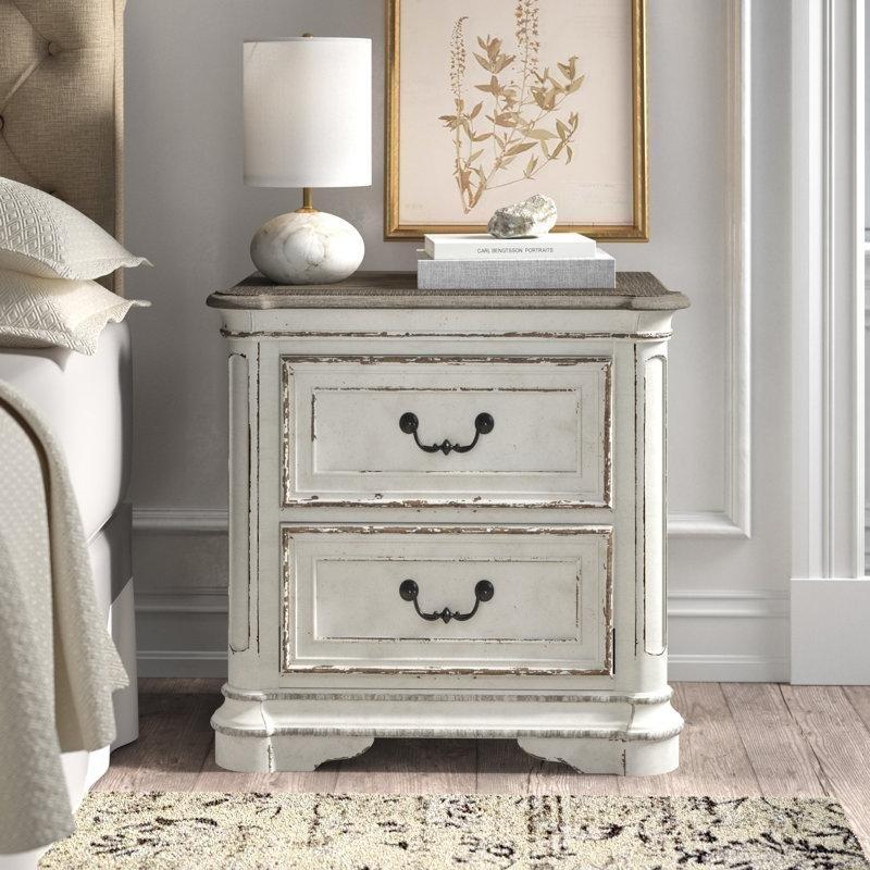 Antik Beyaz Masif Ahşap İki Çekmeceli Eskitme Tasarım Komodin - 71x43 cm - 222916
