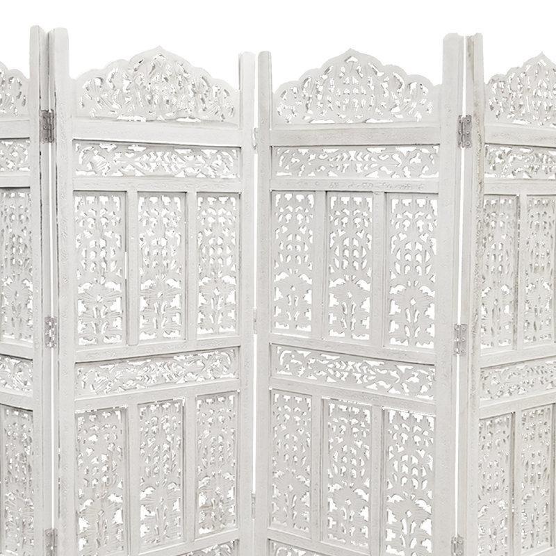 Antik Beyaz Masif Ahşap Oymalı 4 Panelli Katlanır Paravan - 204x181 cm - 184777