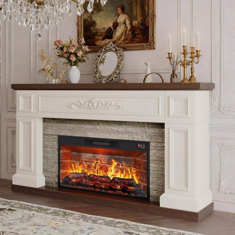 Antik Beyaz Masif Ahşap Taş Detaylı Kır Evi Tasarım Elektrikli Şömine - 153 cm - 184209