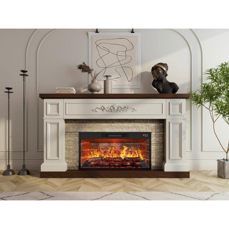 Antik Beyaz Masif Ahşap Taş Detaylı Kır Evi Tasarım Elektrikli Şömine - 153 cm - 184209