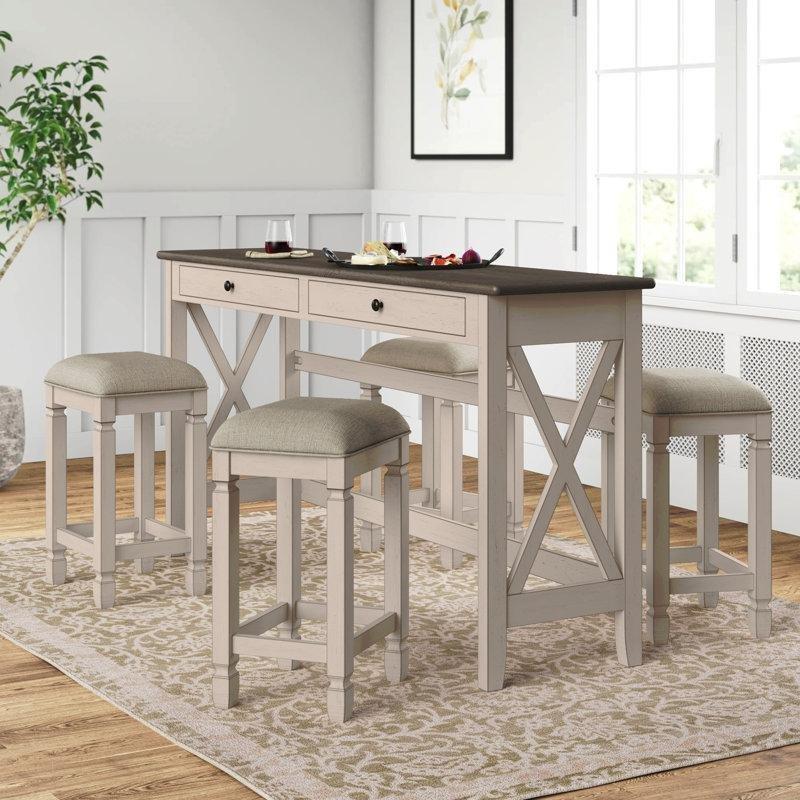 Antik Beyaz Masif Ahşap ve MDF 4 Tabureli 2 Çekmeceli Koltuk Arkası Dresuar - 183 cm - 218314