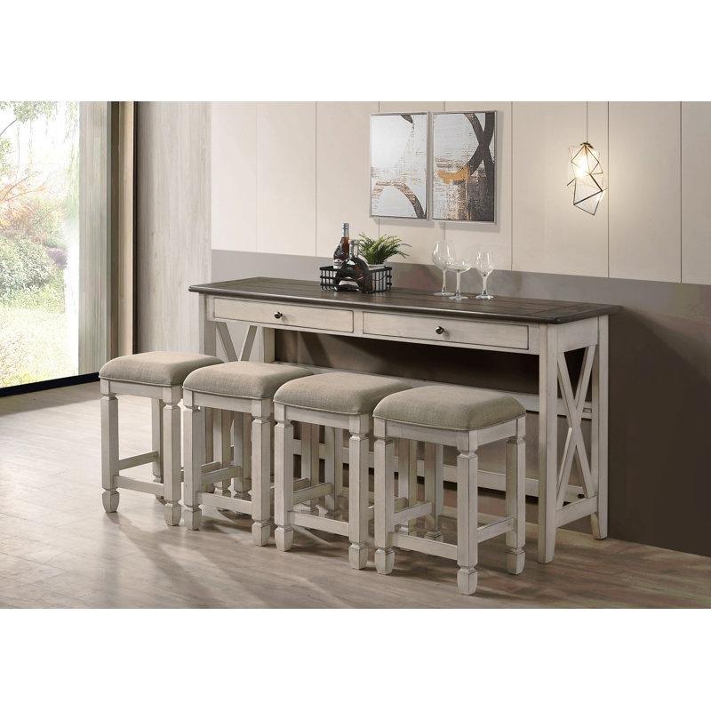 Antik Beyaz Masif Ahşap ve MDF 4 Tabureli 2 Çekmeceli Koltuk Arkası Dresuar - 183 cm - 218314