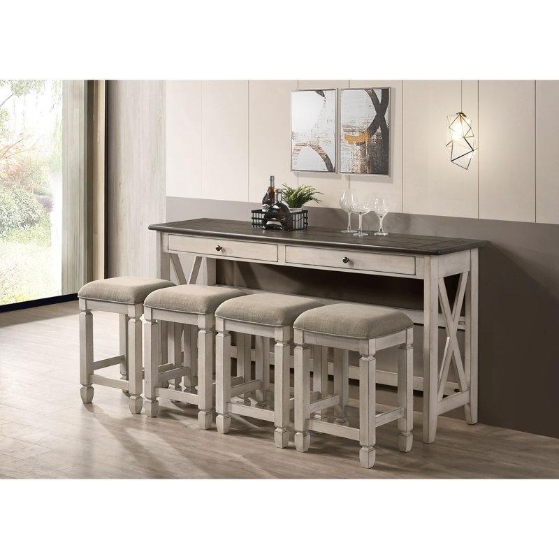 Antik Beyaz Masif Ahşap ve MDF 4 Tabureli 2 Çekmeceli Koltuk Arkası Dresuar - 183x46 cm - 217629