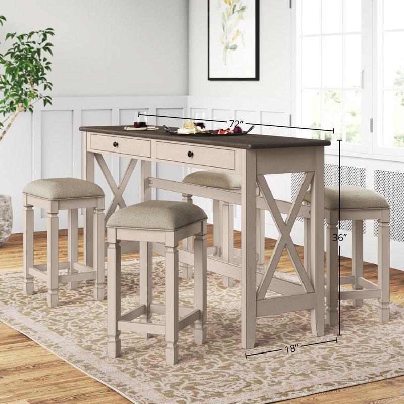 Antik Beyaz Masif Ahşap ve MDF 4 Tabureli 2 Çekmeceli Koltuk Arkası Dresuar - 183x46 cm - 217629