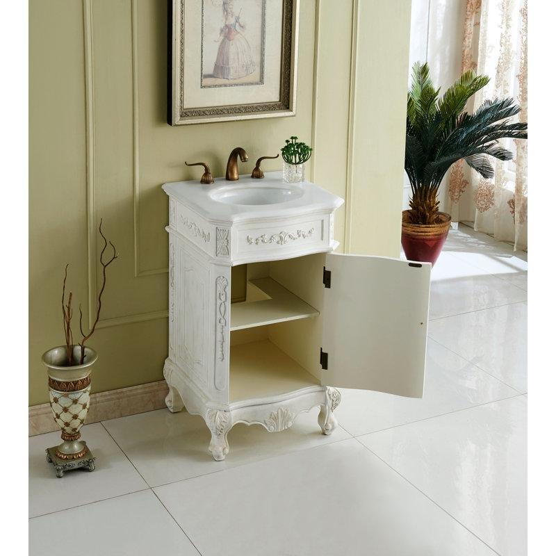 Antik Beyaz Masif Huş Ağacı Mermer Tezgahlı Oyma Detaylı Banyo Lavabo Dolabı - 54 cm - 200850