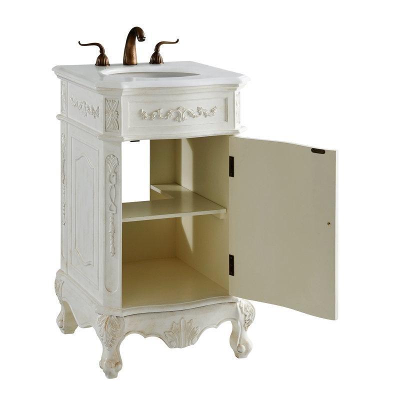 Antik Beyaz Masif Huş Ağacı Mermer Tezgahlı Oyma Detaylı Banyo Lavabo Dolabı - 54 cm - 200850
