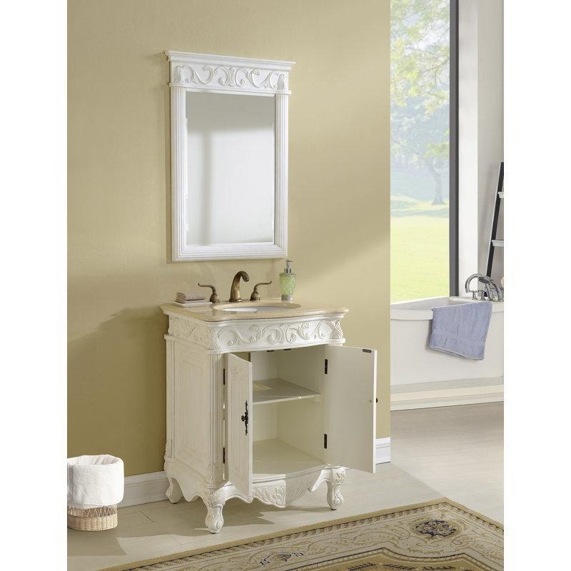 Antik Beyaz Masif Huş Ağacı Oymalı Ayaklı Krem Mermer Tezgahlı Banyo Lavabo Dolabı - 69 cm - 199043