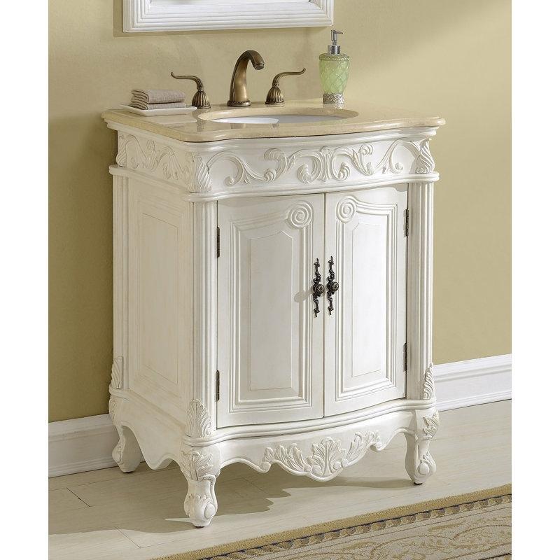 Antik Beyaz Masif Huş Ağacı Oymalı Ayaklı Krem Mermer Tezgahlı Banyo Lavabo Dolabı - 69 cm - 199043