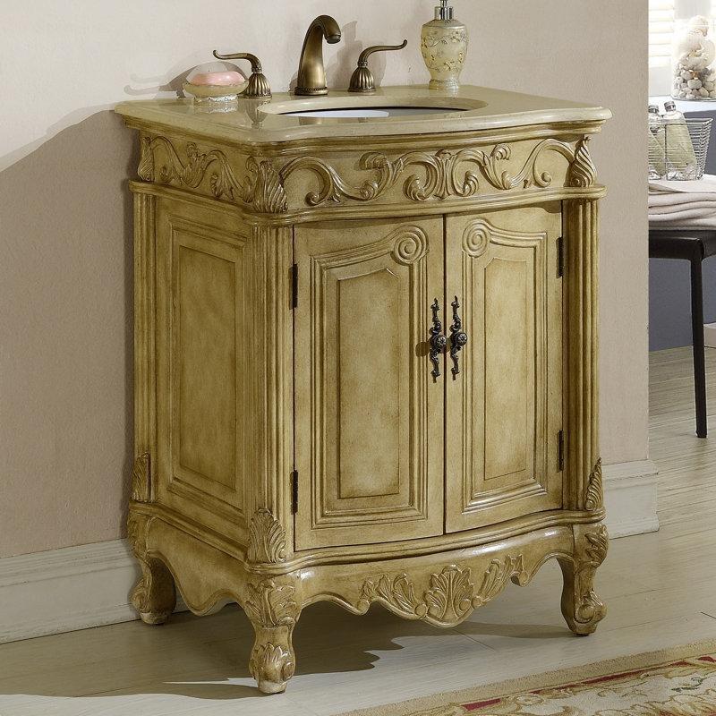 Antik Beyaz Masif Huş Ağacı Oymalı Ayaklı Krem Mermer Tezgahlı Banyo Lavabo Dolabı - 69 cm - 199043