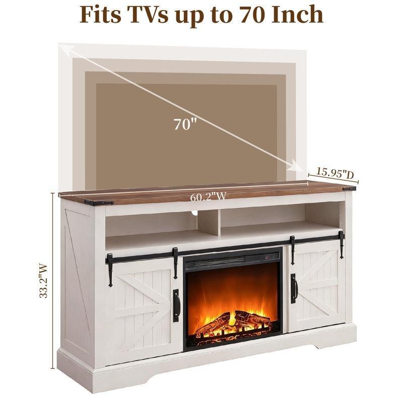 Antik Beyaz MDF Sürgülü Kapaklı Elektrikli Şömineli TV Ünitesi - 153 cm - 222314