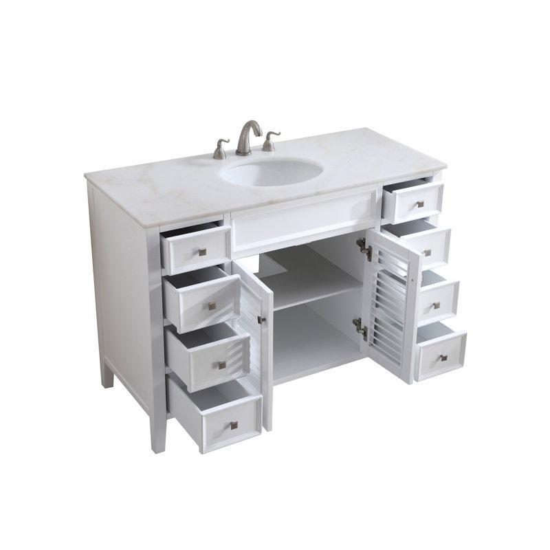 Antik Beyaz Mermer Kompozit Tezgahlı Panjurlu Kapaklı 8 Çekmeceli Huş Ağacı Banyo Lavabo Dolabı - 122 cm - 200717