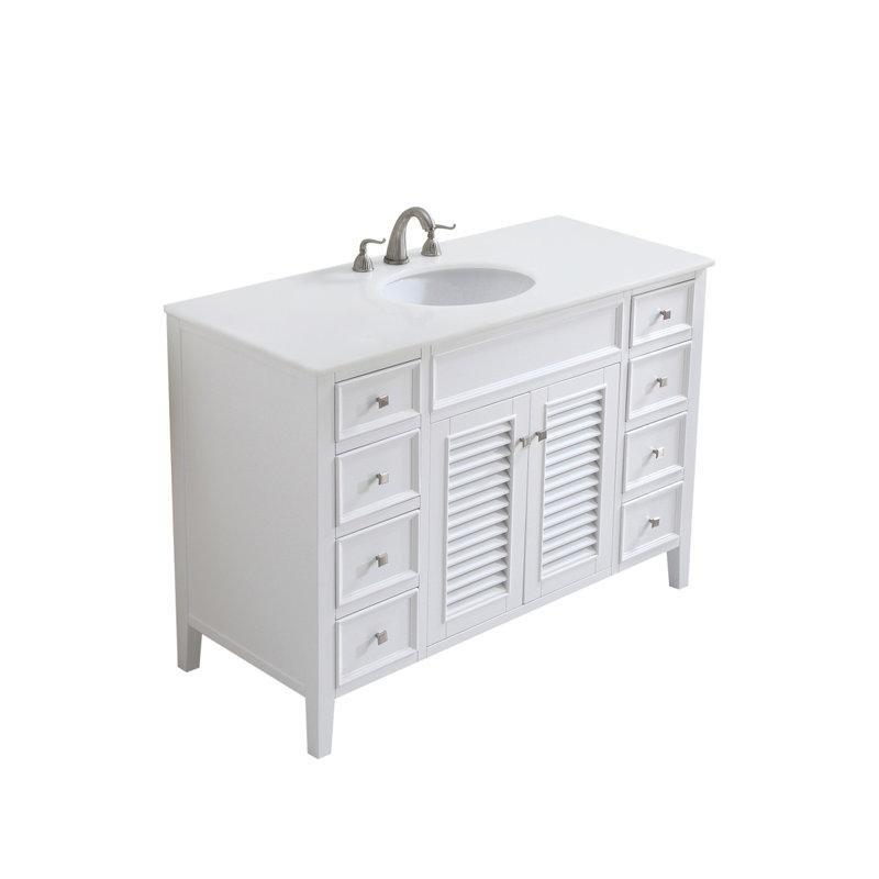 Antik Beyaz Mermer Kompozit Tezgahlı Panjurlu Kapaklı 8 Çekmeceli Huş Ağacı Banyo Lavabo Dolabı - 122 cm - 200717