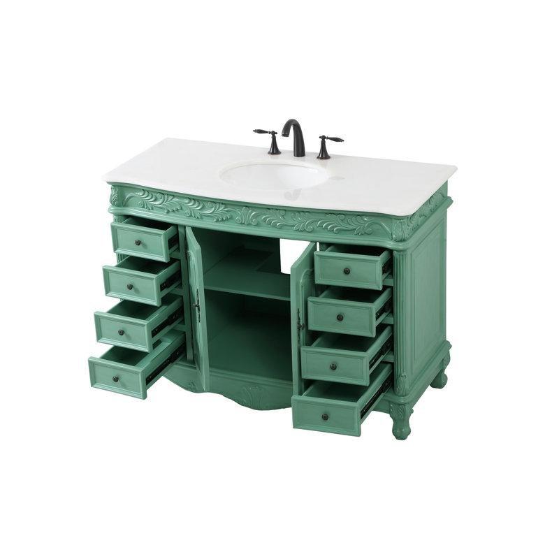 Antik Beyaz Mermer Tezgahlı Masif Huş Ağacı Oymalı 8 Çekmeceli Banyo Lavabo Dolabı - 122 cm - 200865