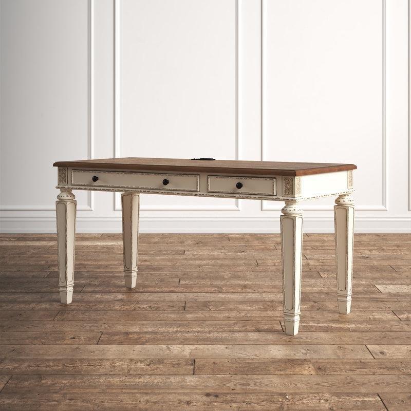 Antik Beyaz ve Kahverengi Ahşap Prizli USB Portlu Oymalı Vintage Çalışma Masası - 153x72 cm - 234264