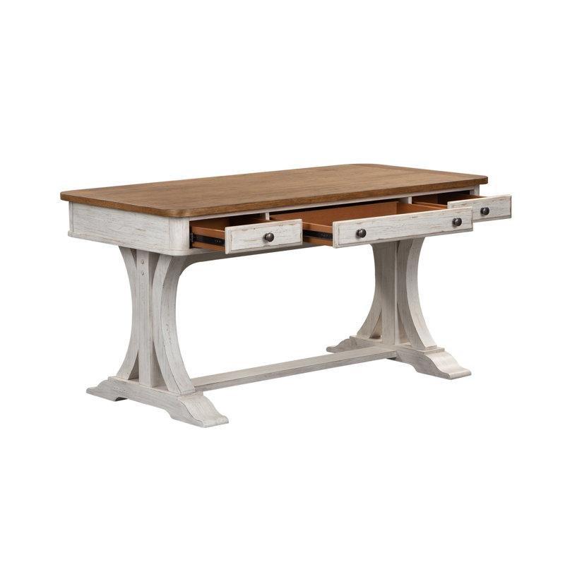Antik Beyaz ve Kestane Rengi Masif Ahşap 3 Çekmeceli Payandalı Vintage Çalışma Masası - 153x77 cm - 234821