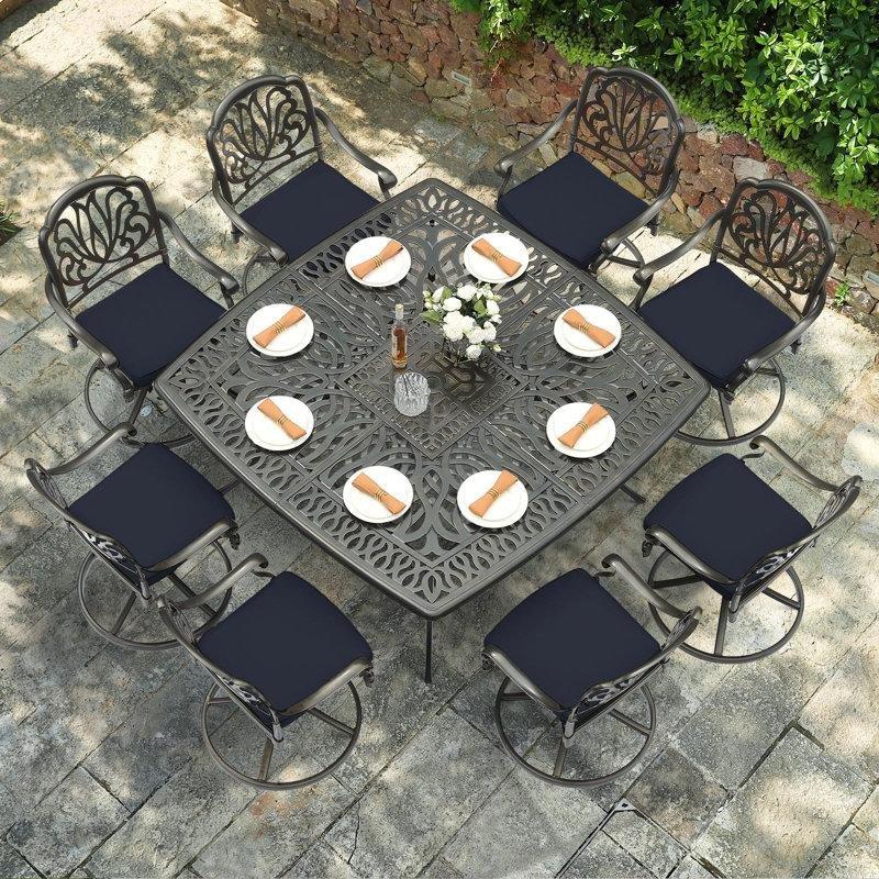 Antik Bronz Döküm Alüminyum 8 Kişilik Döner Sallanır Sandalyeli Şemsiye Delikli Bahçe Masa Takımı - 163x163 cm - 214796