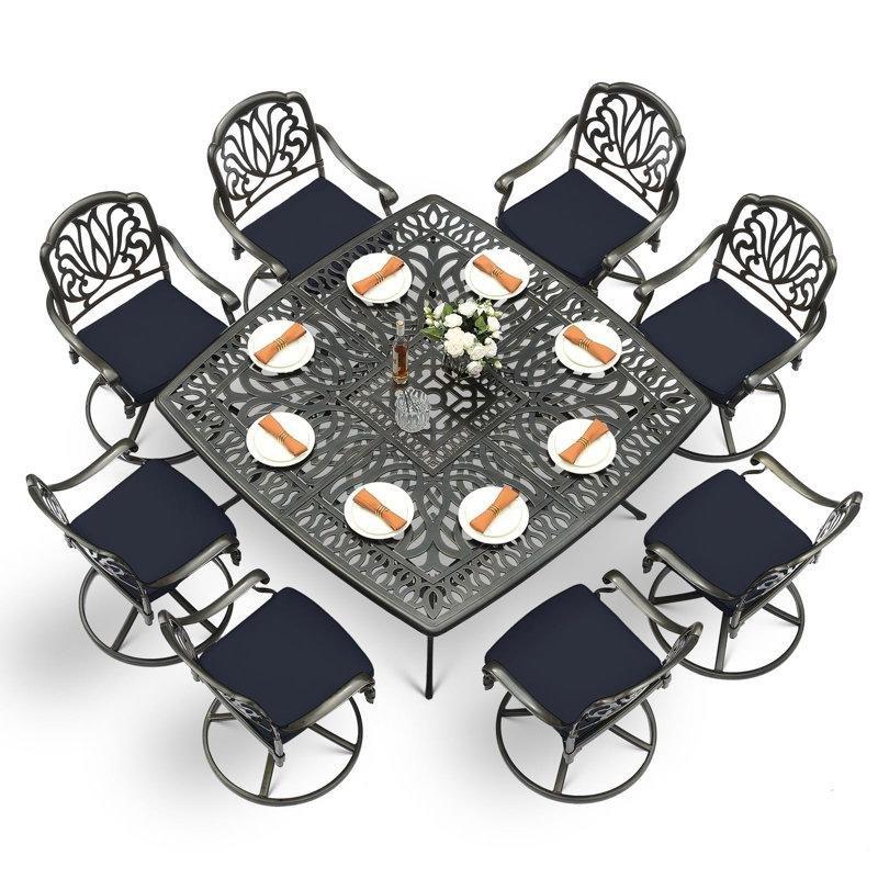 Antik Bronz Döküm Alüminyum 8 Kişilik Döner Sallanır Sandalyeli Şemsiye Delikli Bahçe Masa Takımı - 163x163 cm - 214796