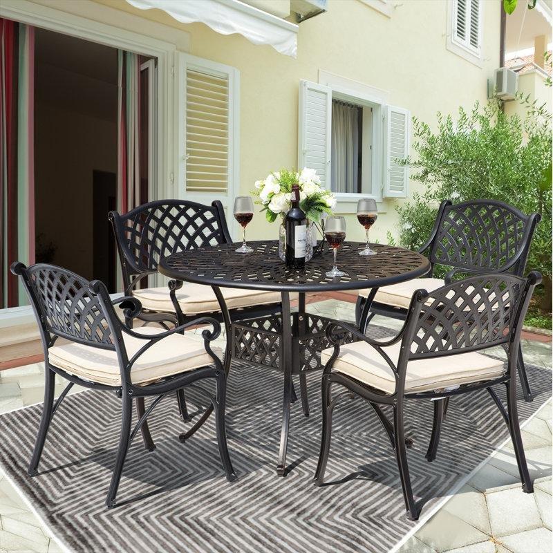 Antik Bronz Döküm Alüminyum Minderli Yuvarlak Şemsiye Delikli 4 Kişilik Bahçe Masa Takımı - 215994