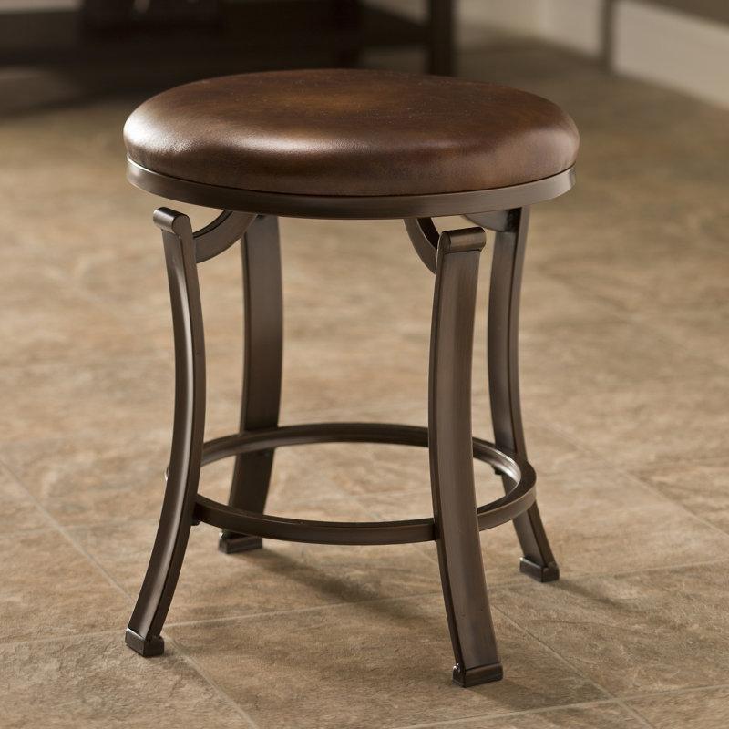 Antik Bronz Metal Kavisli Ayaklı Geyik Beji Polyester Döşemeli Yuvarlak Makyaj Masası Pufu - 41x49 cm - 233647