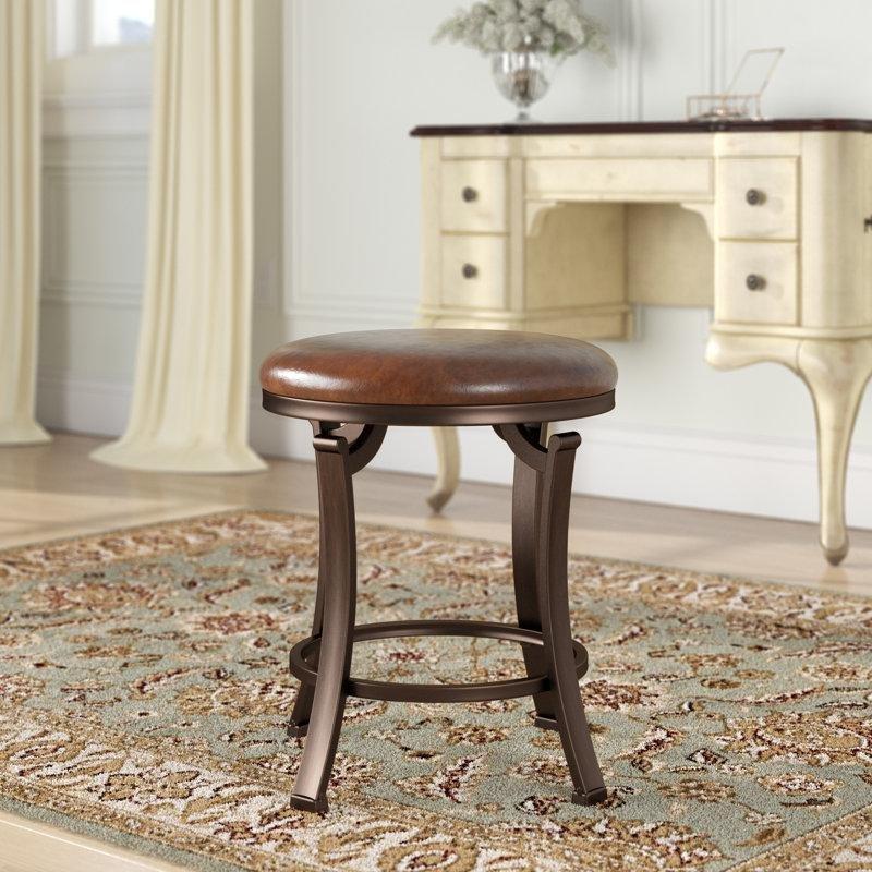 Antik Bronz Metal Kavisli Ayaklı Geyik Beji Polyester Döşemeli Yuvarlak Makyaj Masası Pufu - 41x49 cm - 233647