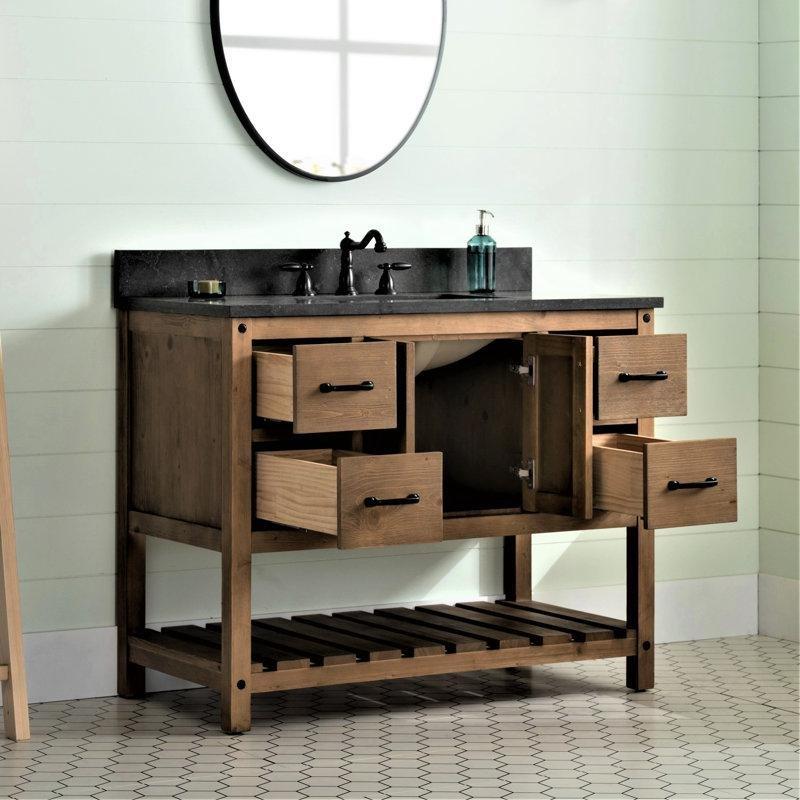 Antik Doğal Köknar Ağacı Mavi Kireçtaşı Tezgahlı Çekmeceli Banyo Lavabo Dolabı - 107 cm - 199058