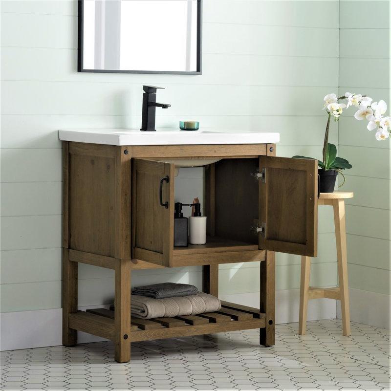 Antik Doğal Masif Ahşap Açık Raflı Seramik Lavabolu Banyo Dolabı - 77 cm - 198489