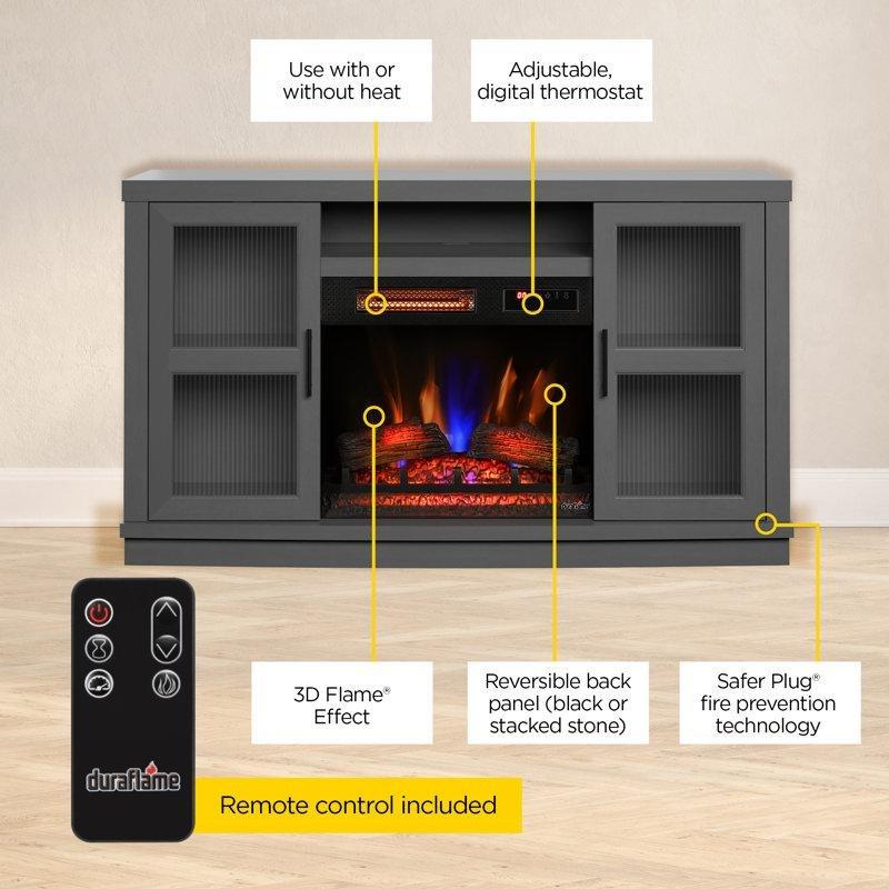 Antik Gri MDF Yivli Cam Kapaklı Elektrikli Şömineli Uzaktan Kumandalı TV Ünitesi - 143 cm - 220624