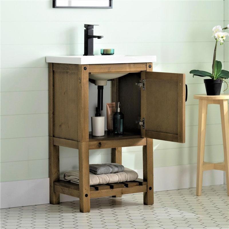 Antik Naturel Masif Köknar Ayaklı Banyo Lavabo Dolabı Beyaz Seramik Tezgahlı - 51 cm - 201170
