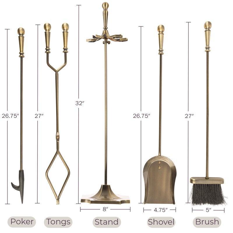 Antik Pirinç Çelik ve Çinko 5 Parça Stantlı Şömine Maşa Takımı - 82 cm - 189200