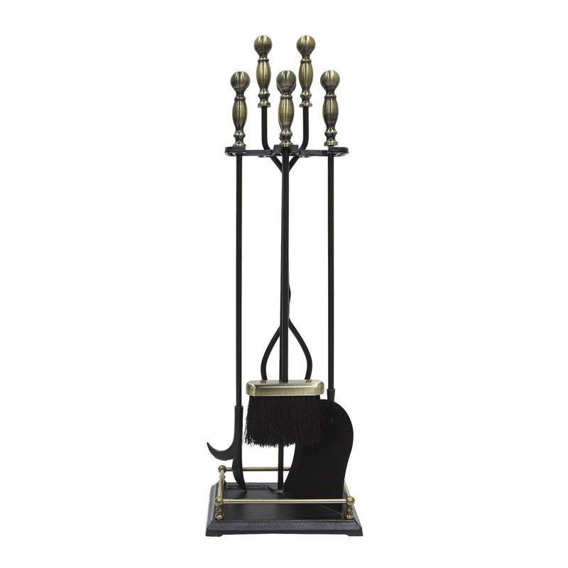 Antik Pirinç ve Siyah Demir 5 Parça Klasik Şömine Maşa Takımı - 78 cm - 188393