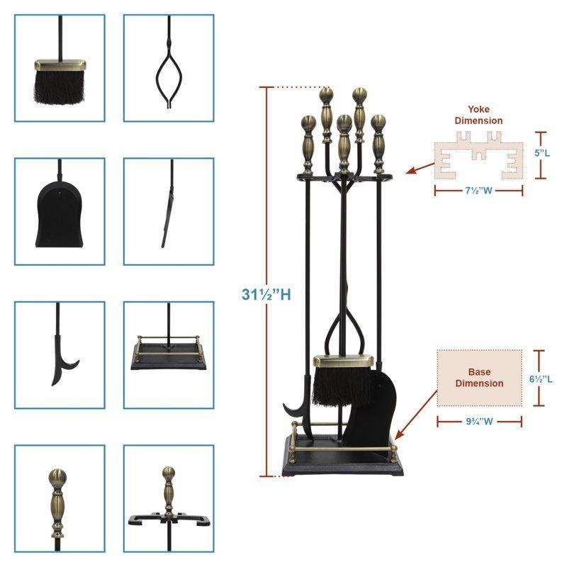 Antik Pirinç ve Siyah Demir 5 Parça Klasik Şömine Maşa Takımı - 78 cm - 188393