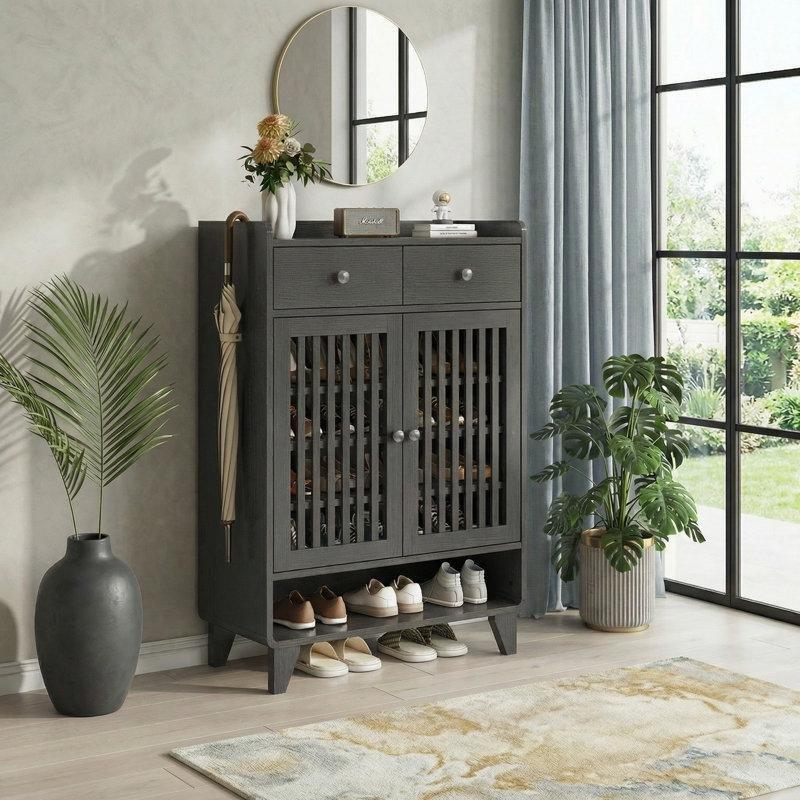 Antrasit Ahşap Çekmeceli Ayarlanabilir Raflı Panjur Kapaklı Ayakkabılık - 112x76x36 cm - 229015