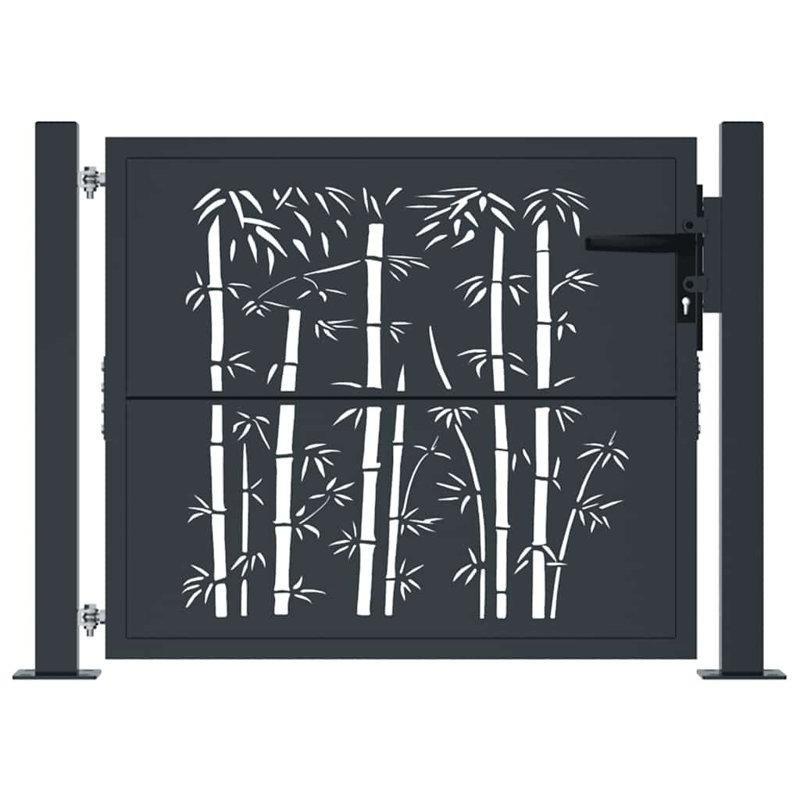 Antrasit Çelik Lazer Kesim Bambu Tasarımlı Kilitli Bahçe Kapısı - 106x81 cm - 172687