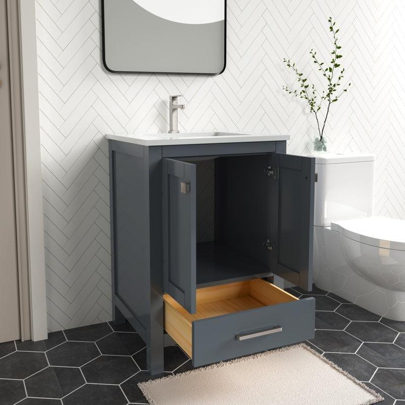 Antrasit Gri Masif Ahşap Kuvars Tezgahlı Çekmeceli Banyo Lavabo Dolabı - 61 cm - 199292