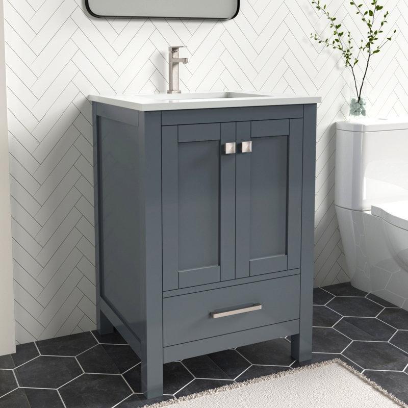 Antrasit Gri Masif Ahşap Kuvars Tezgahlı Çekmeceli Banyo Lavabo Dolabı - 61 cm - 199292