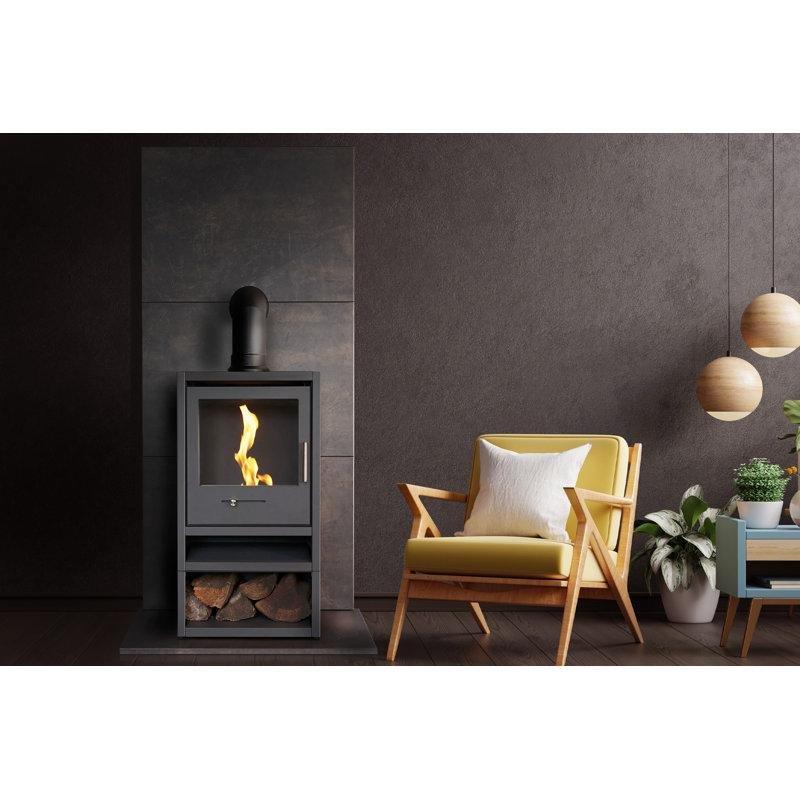 Antrasit Gri Metal Odunluk Bölmeli Açılı Borulu Solo Bioethanol Şömine - 102x43x30 cm - 189449
