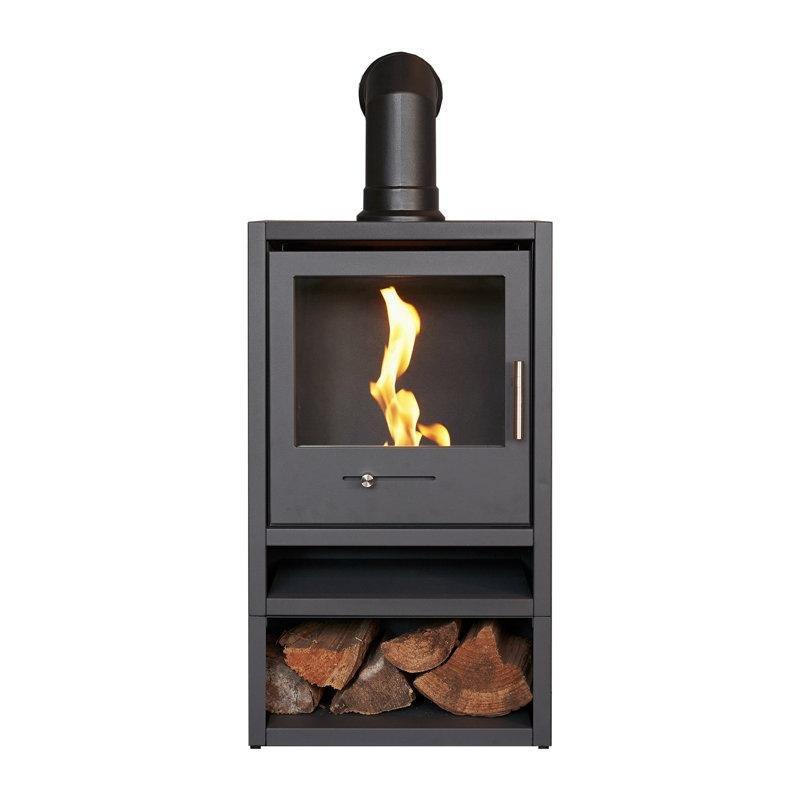 Antrasit Gri Metal Odunluk Bölmeli Açılı Borulu Solo Bioethanol Şömine - 102x43x30 cm - 189449