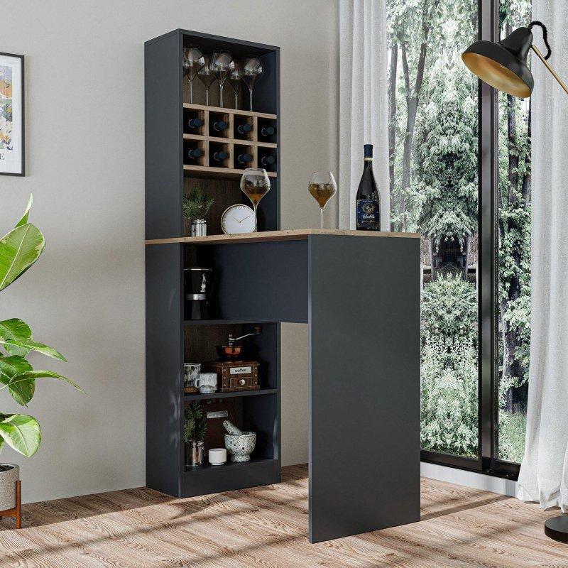 Antrasit Meşe Raflı ve Şaraplıklı Bar Masası - 120x180x50 cm - 232302